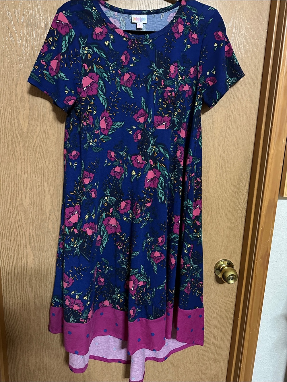 LuLaRoe dipped Carly Navy Floral A-Line Dress with Magenta Border